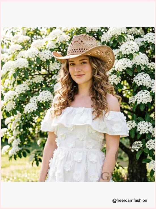 Straw Cowboy Hat with Chin Strap - Hollow Out Woven Summer Sun Hat, UPF 50+ main image 4